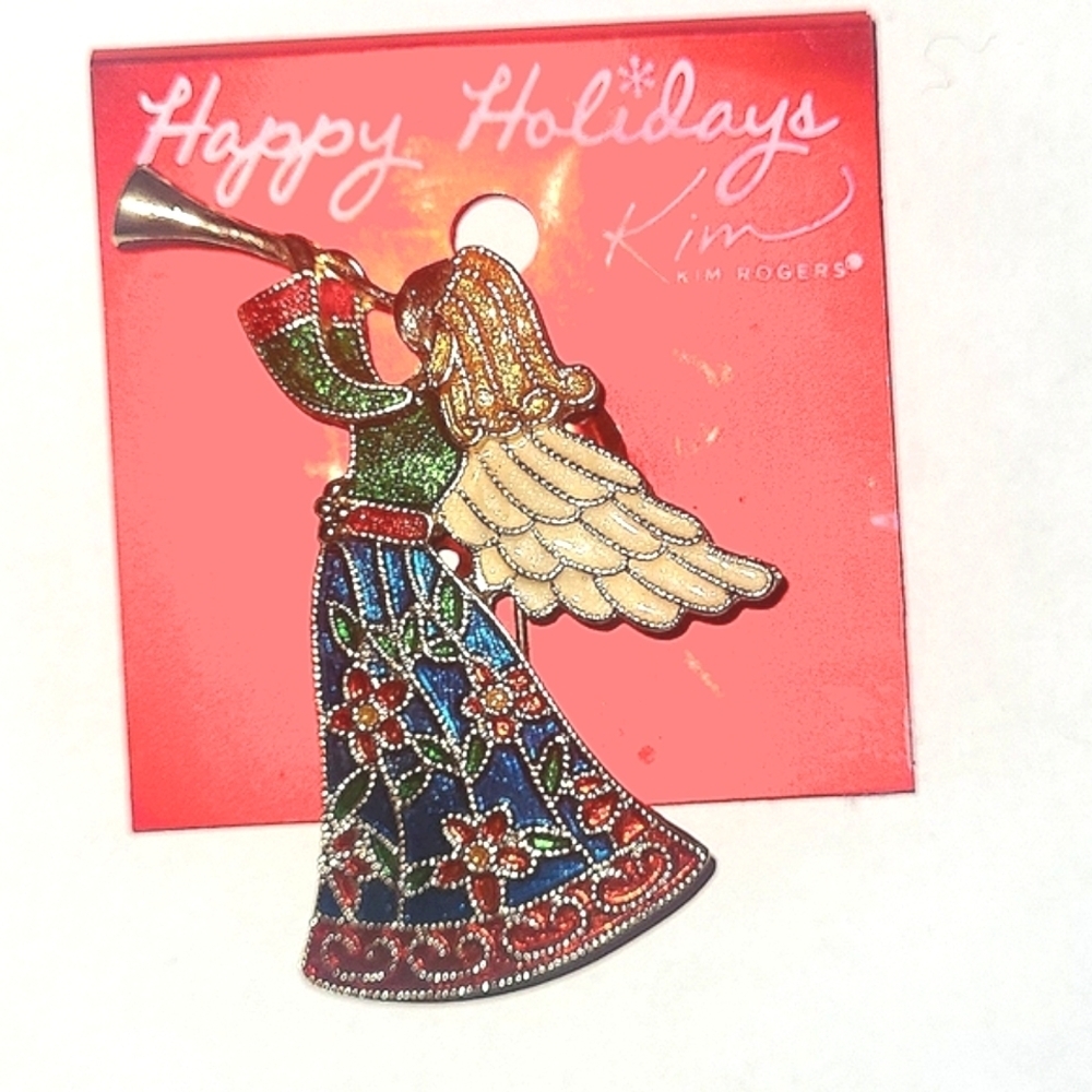 Kim Rogers Angel Shofar Brooch Cloisonné Enamel Gold Glitter Floral Holiday Pin